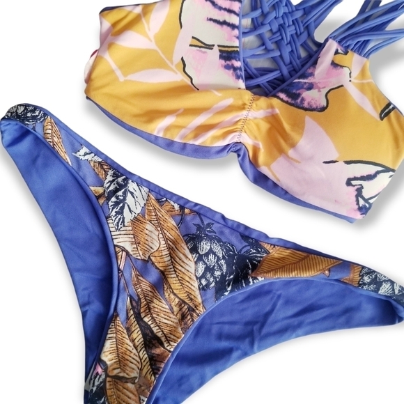 Maaji Blue Floral Reversible Strappy Cheeky Bikini Set S M - Picture 7 of 13